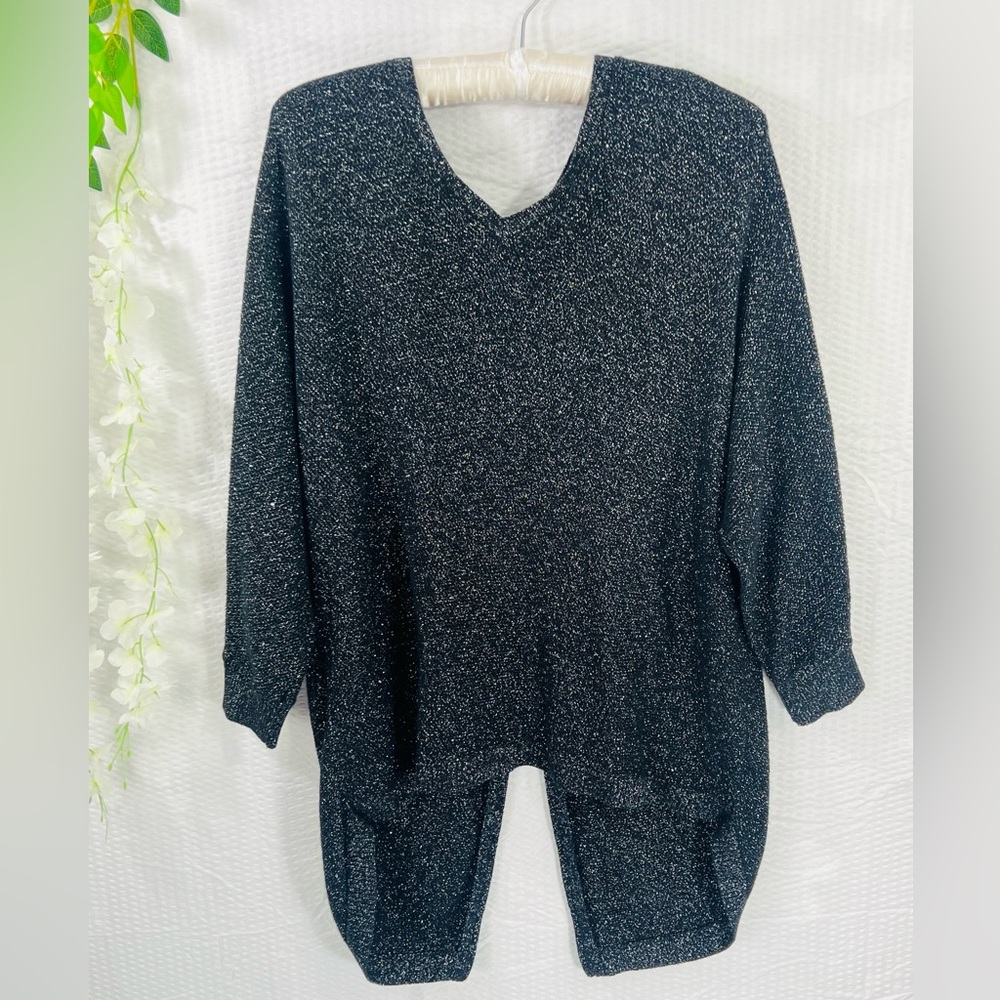 Express womens knit Sweater size S black/sliver  long sleeve V-neck Zipper Back